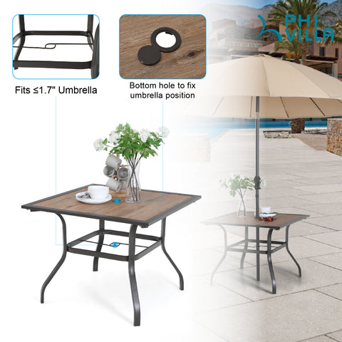 Wood-Look Brown Frame Patio Dining Table with Umbrella Hole